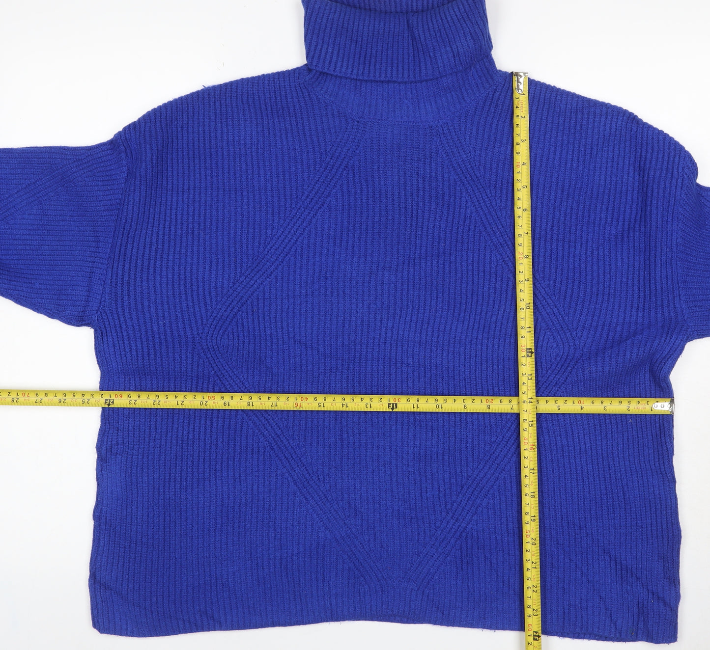 M&S Women’s Blue L Roll Neck Cable Knit Cotton Blend Jumper