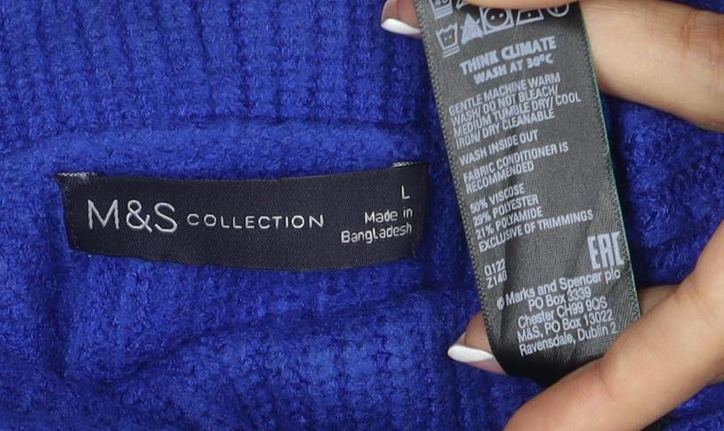 M&S Women’s Blue L Roll Neck Cable Knit Cotton Blend Jumper