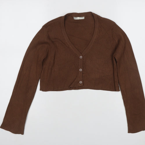 Pull&Bear Women’s Brown Rib Knit V-Neck Button Cardigan Size S