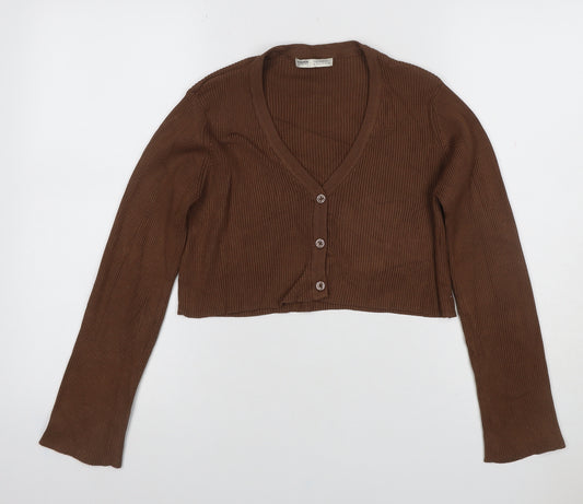 Pull&Bear Women’s Brown Rib Knit V-Neck Button Cardigan Size S