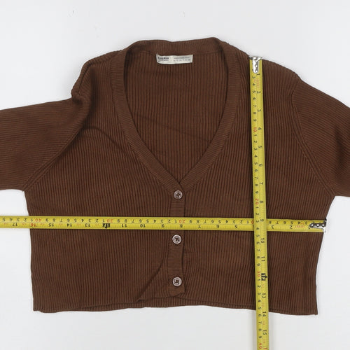 Pull&Bear Women’s Brown Rib Knit V-Neck Button Cardigan Size S