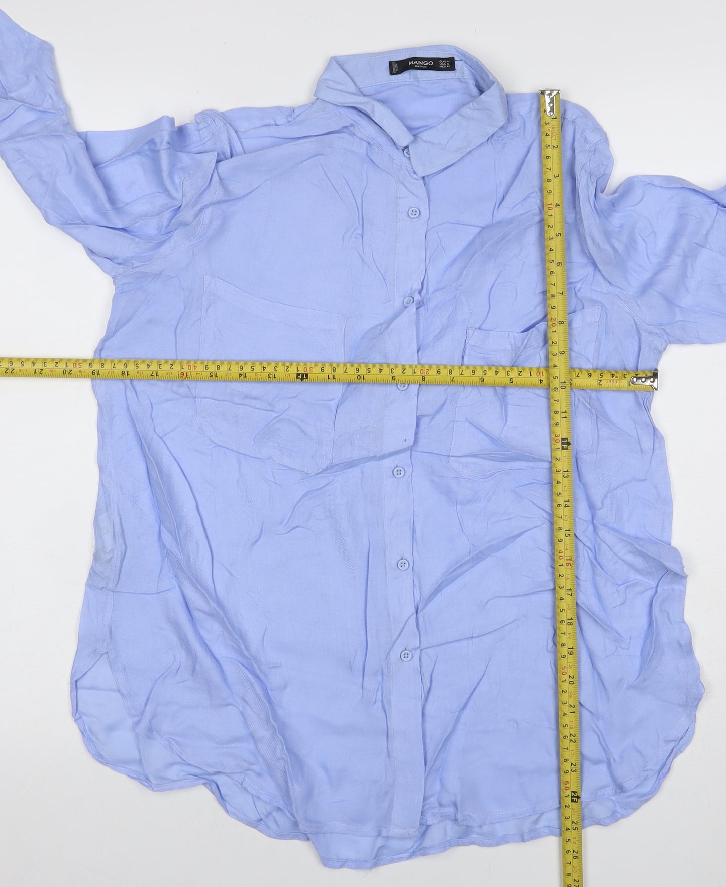 Mango Women Blue M Viscose Long Sleeve Collared Button-Up Shirt