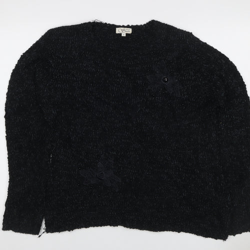 Anne Smith Women Black M Floral Beaded Long Sleeve Knit Jumper