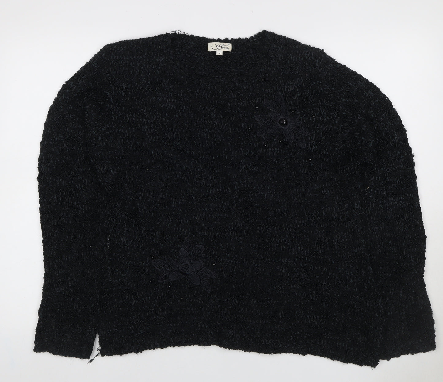 Anne Smith Women Black M Floral Beaded Long Sleeve Knit Jumper