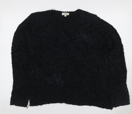Anne Smith Women Black M Floral Beaded Long Sleeve Knit Jumper