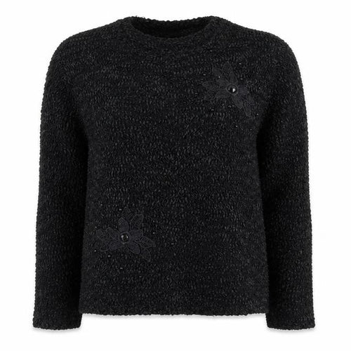Anne Smith Women Black M Floral Beaded Long Sleeve Knit Jumper