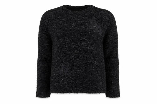 Anne Smith Women Black M Floral Beaded Long Sleeve Knit Jumper