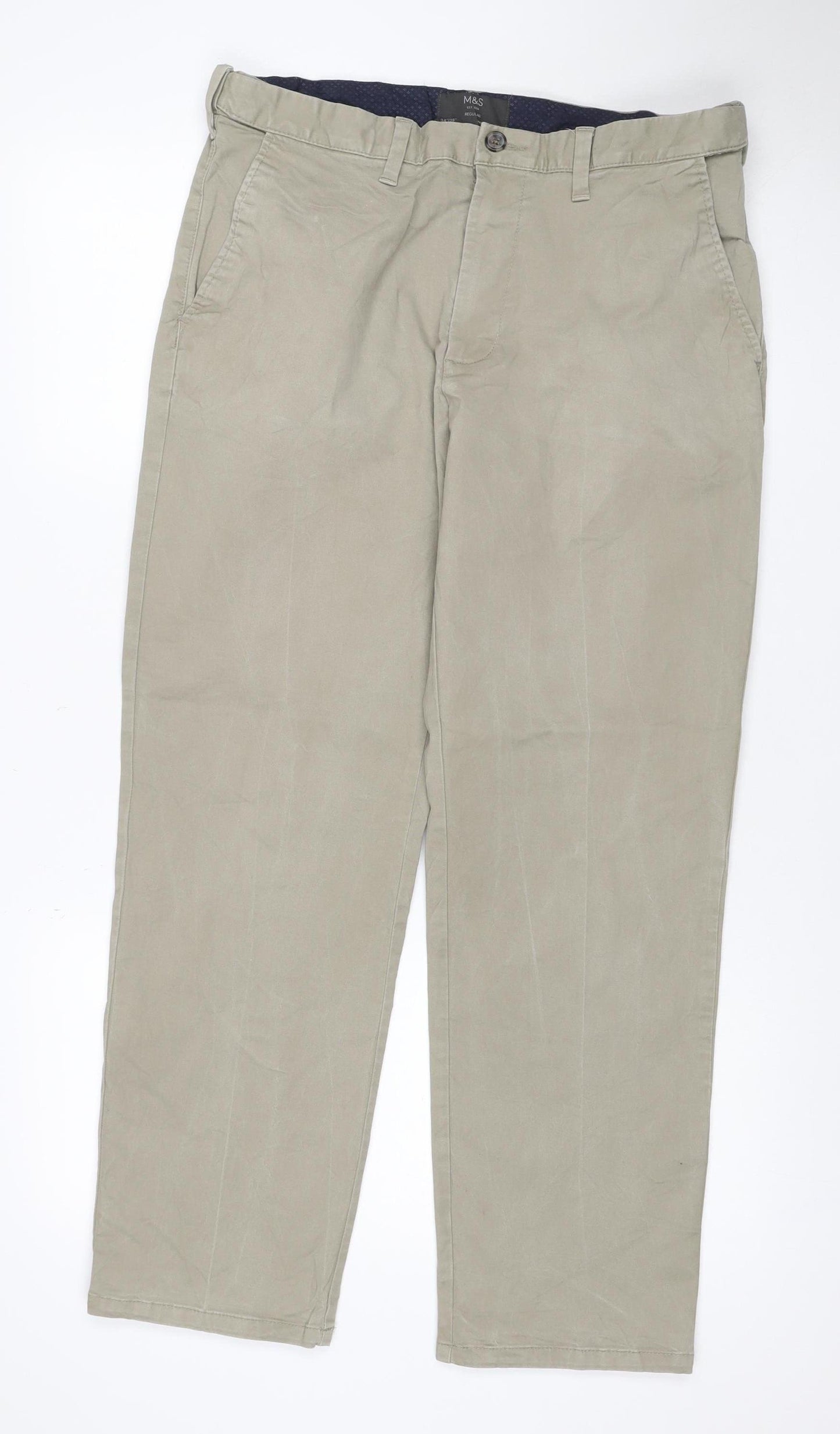 Marks & Spencer Men Beige 34/29 Regular Fit Stretch Chino Trousers