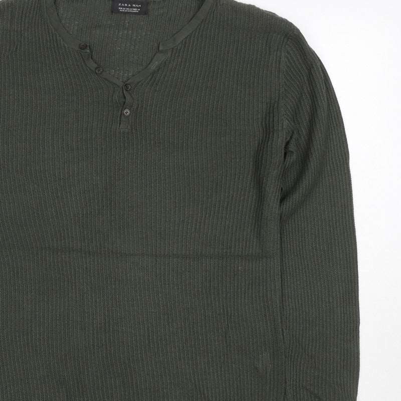 Additional view of Zara Man Men's Green M Henley Button Knit Jumper Long Sleeve