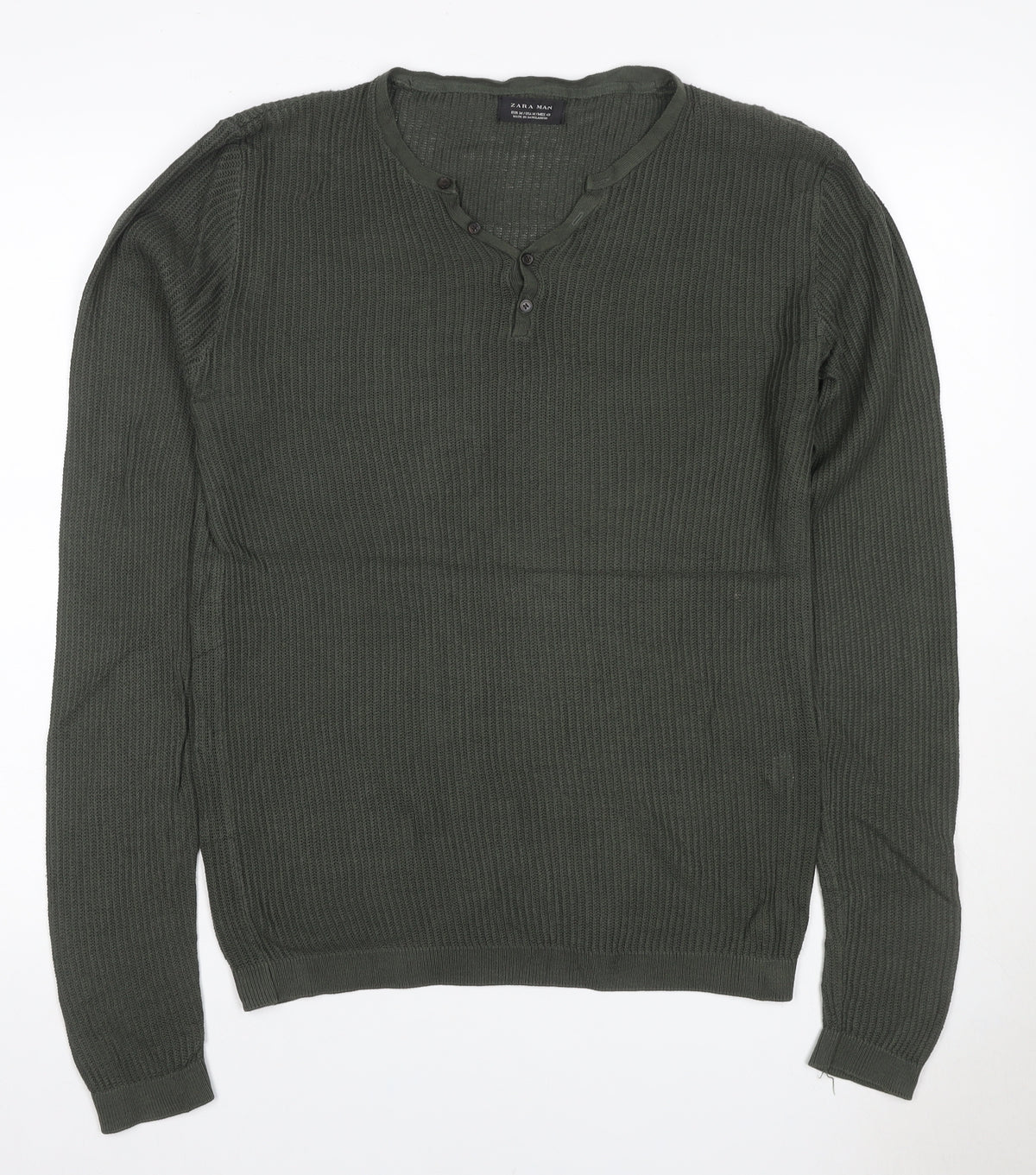 Back view of Zara Man Men's Green M Henley Button Knit Jumper Long Sleeve