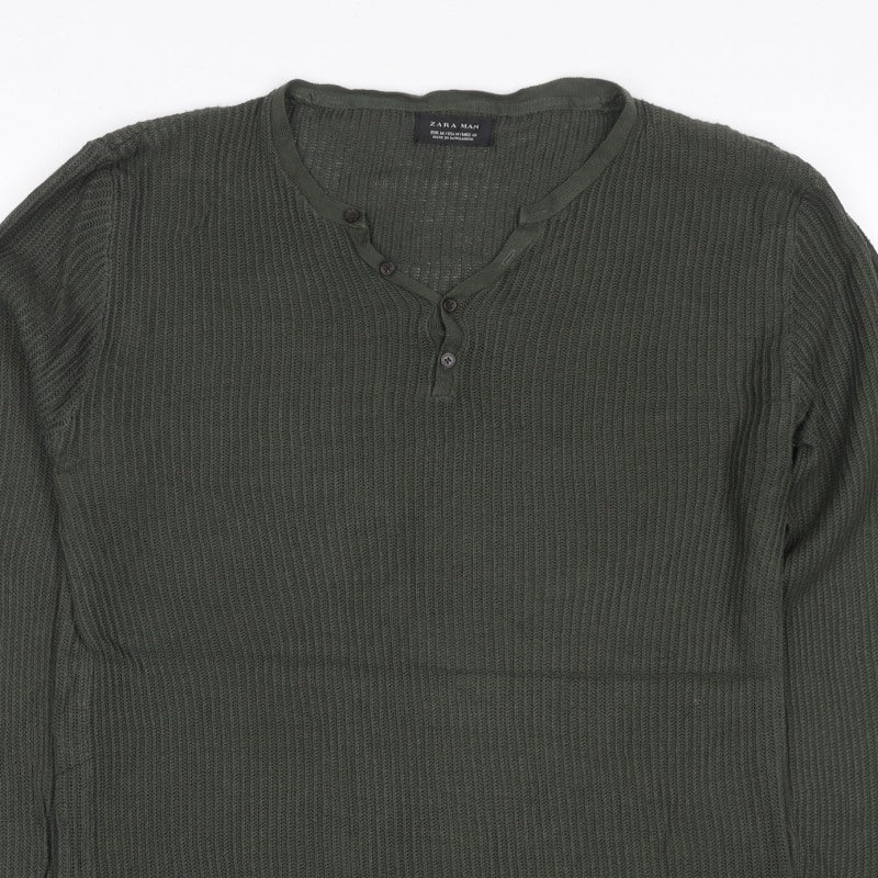 Additional view of Zara Man Men's Green M Henley Button Knit Jumper Long Sleeve