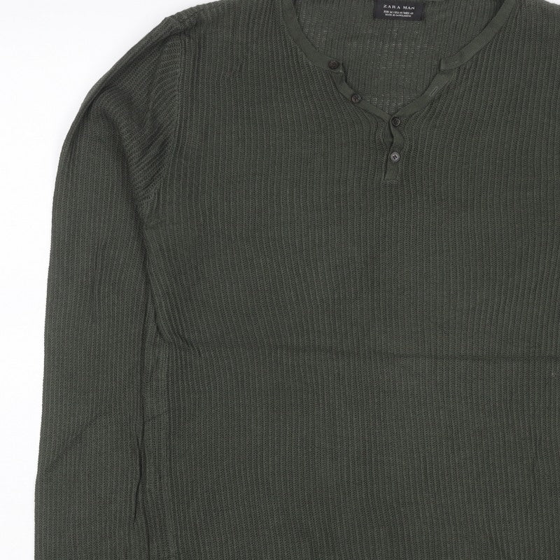 Additional view of Zara Man Men's Green M Henley Button Knit Jumper Long Sleeve