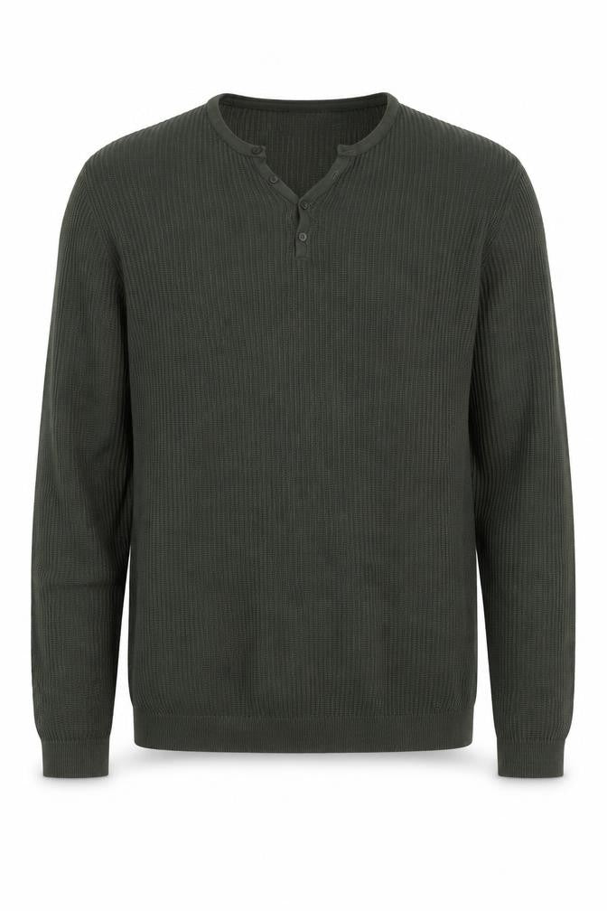 Front view of Zara Man Men's Green M Henley Button Knit Jumper Long Sleeve