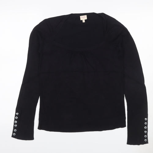 Whistles Women Black UK 10 Scoop Neck Cotton Blend Button Cuff Jumper