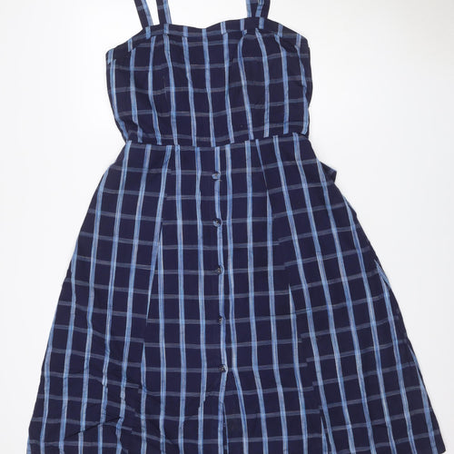 Mango Women Blue Check One Shoulder A-Line Long Cotton Dress UK 12