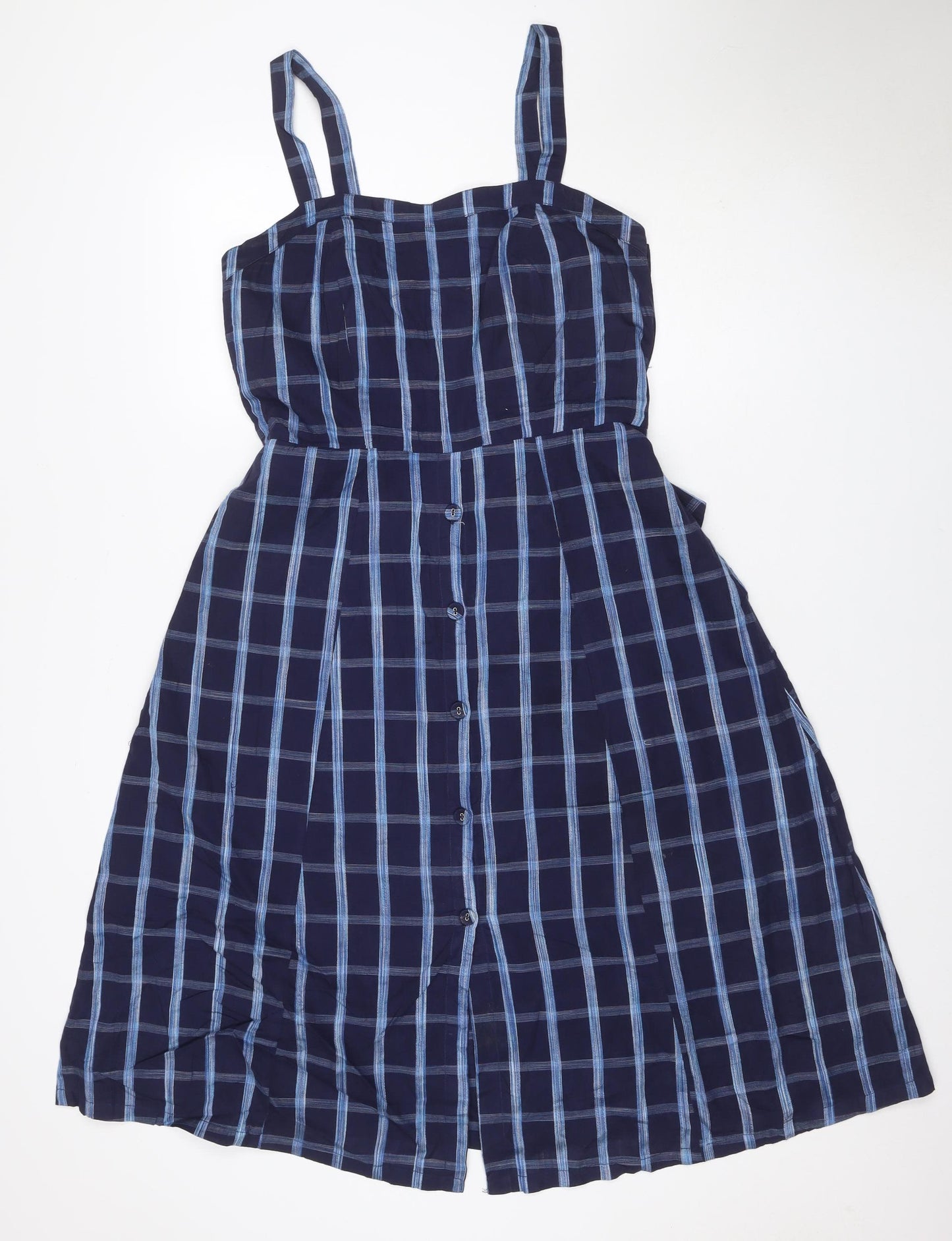 Mango Women Blue Check One Shoulder A-Line Long Cotton Dress UK 12