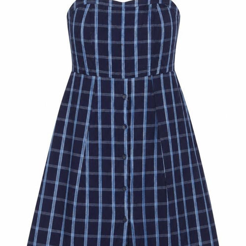 Mango Women Blue Check One Shoulder A-Line Long Cotton Dress UK 12