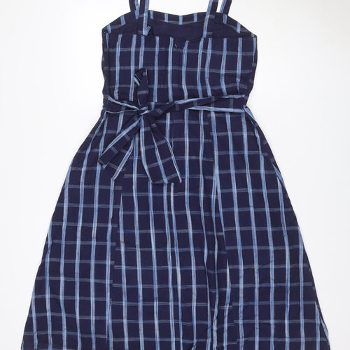 Mango Women Blue Check One Shoulder A-Line Long Cotton Dress UK 12