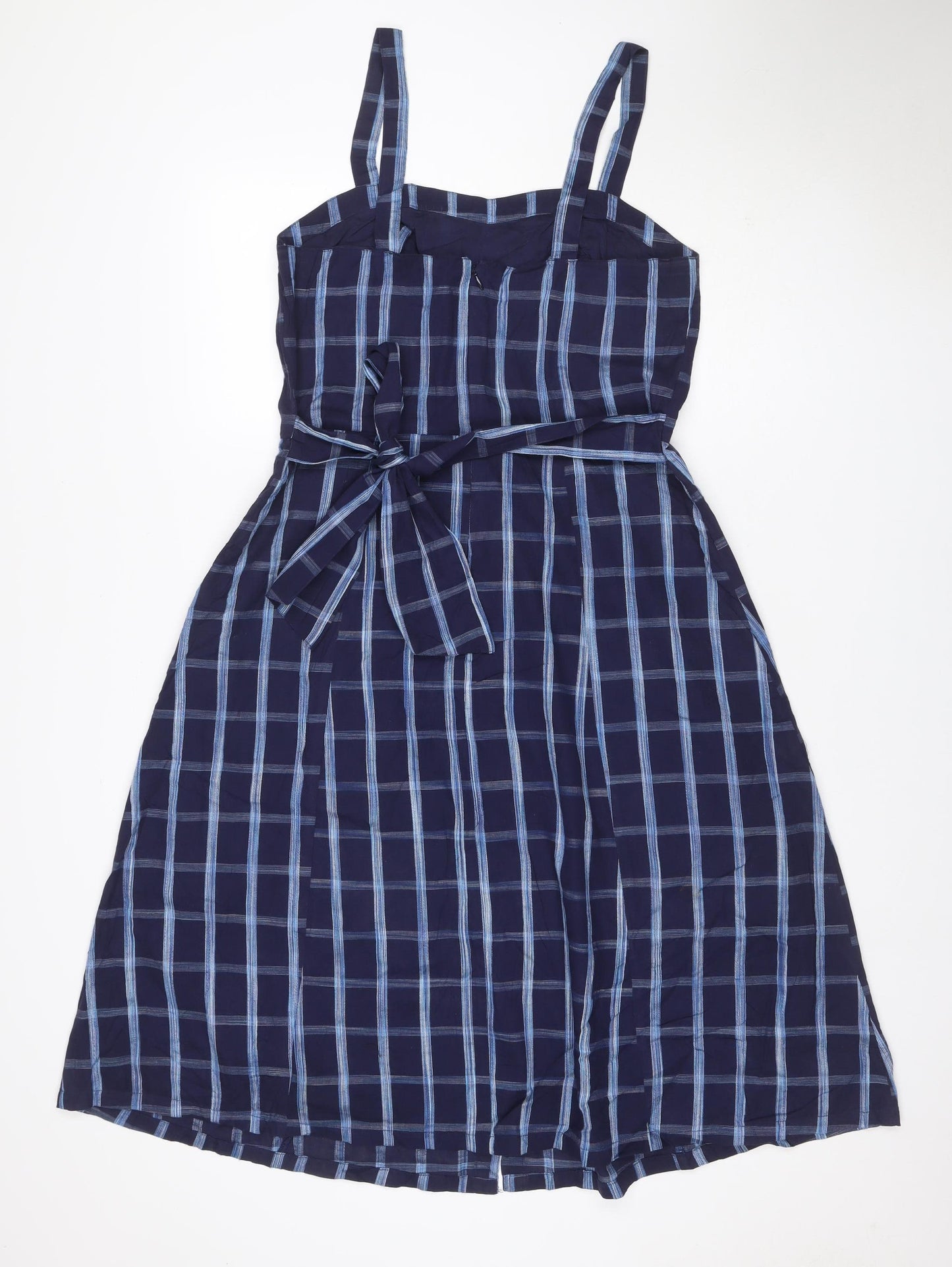 Mango Women Blue Check One Shoulder A-Line Long Cotton Dress UK 12