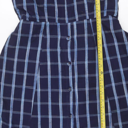 Mango Women Blue Check One Shoulder A-Line Long Cotton Dress UK 12