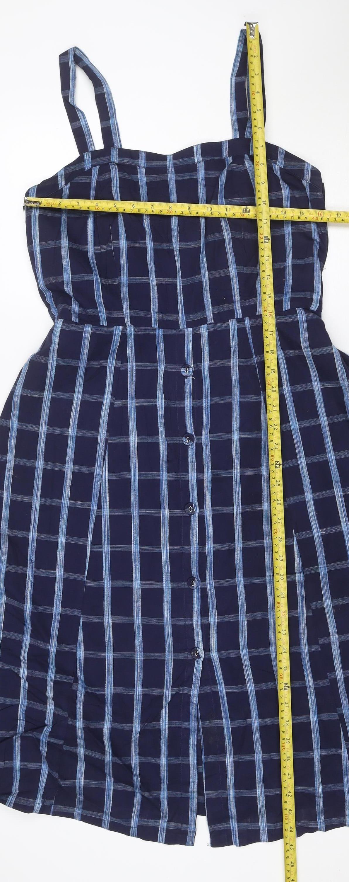 Mango Women Blue Check One Shoulder A-Line Long Cotton Dress UK 12