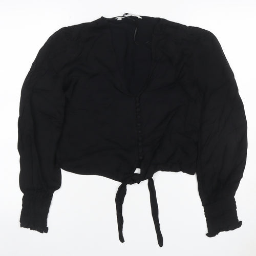 Zara Women Black XS Cropped V-Neck Tie Hem Balloon Sleeve Blouse