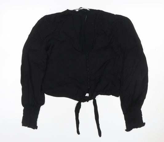 Zara Women Black XS Cropped V-Neck Tie Hem Balloon Sleeve Blouse