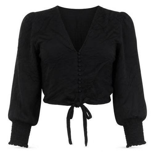 Zara Women Black XS Cropped V-Neck Tie Hem Balloon Sleeve Blouse