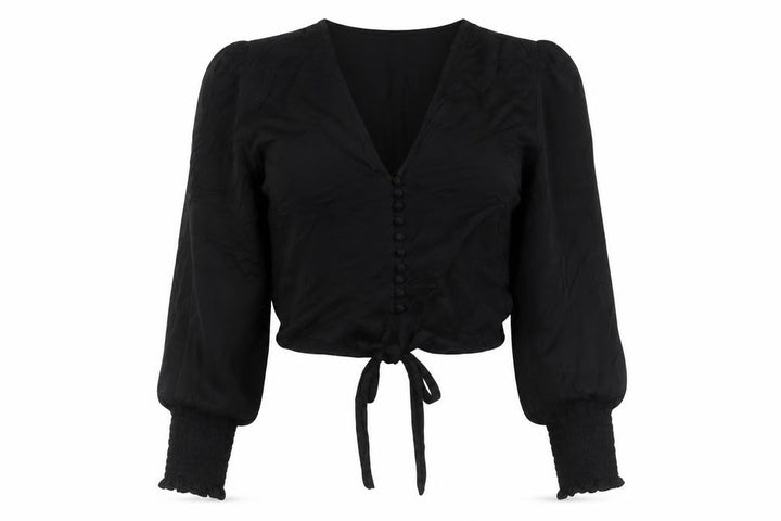 Zara Women Black XS Cropped V-Neck Tie Hem Balloon Sleeve Blouse