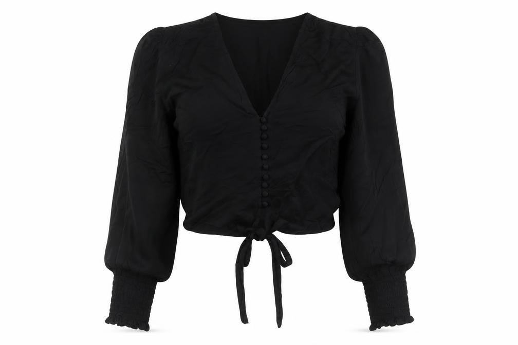 Zara Women Black XS Cropped V-Neck Tie Hem Balloon Sleeve Blouse