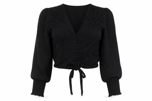 Zara Women Black XS Cropped V-Neck Tie Hem Balloon Sleeve Blouse