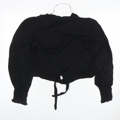 Zara Women Black XS Cropped V-Neck Tie Hem Balloon Sleeve Blouse