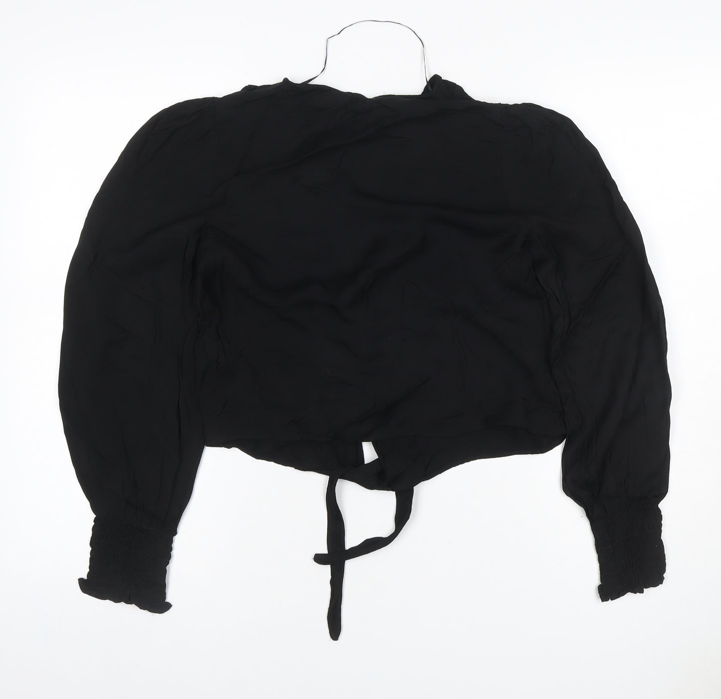 Zara Women Black XS Cropped V-Neck Tie Hem Balloon Sleeve Blouse