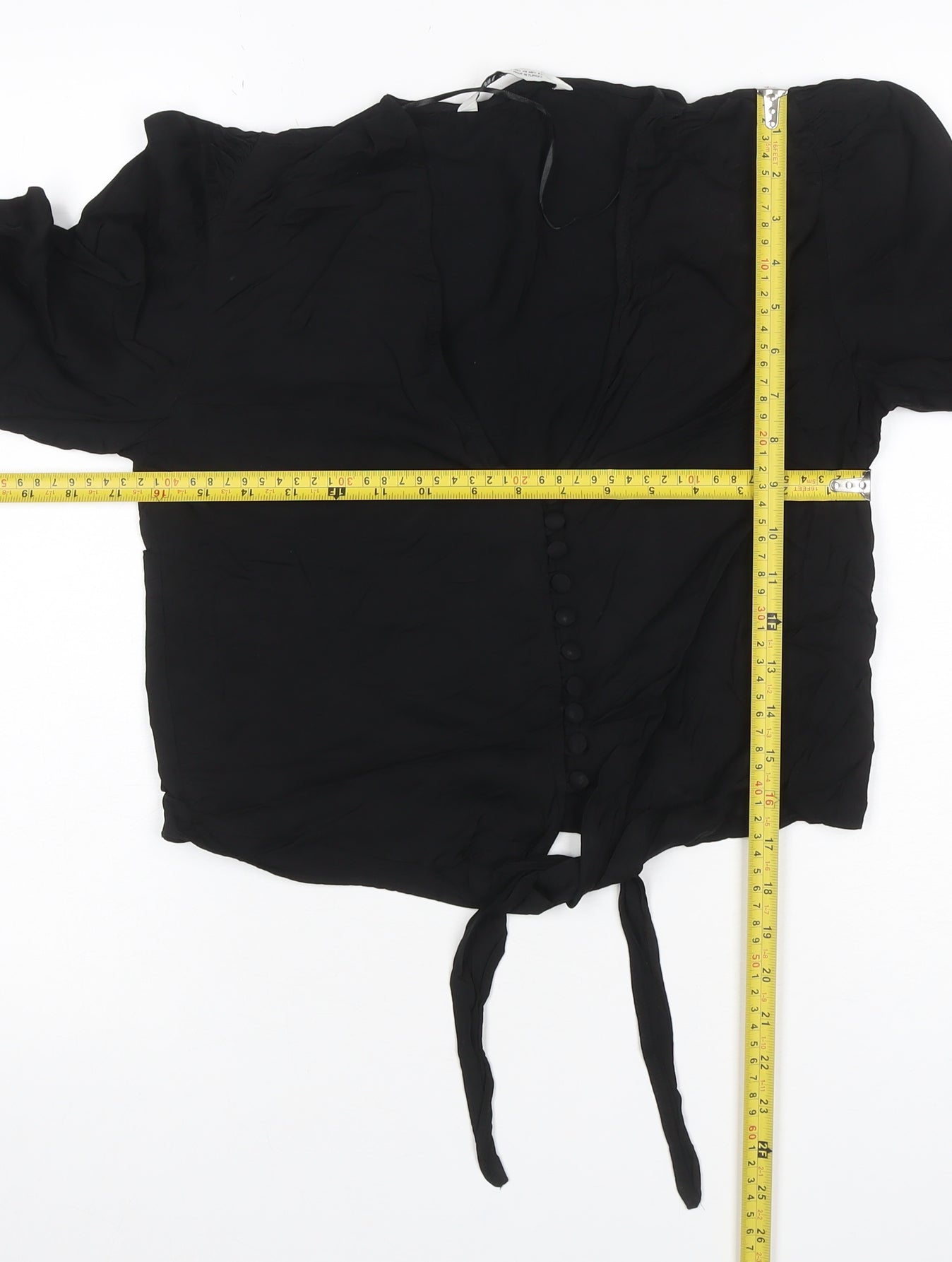 Zara Women Black XS Cropped V-Neck Tie Hem Balloon Sleeve Blouse