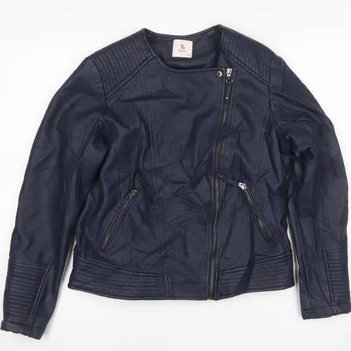 TU Women Blue Size 12 Faux Leather Biker Jacket Zip Pockets