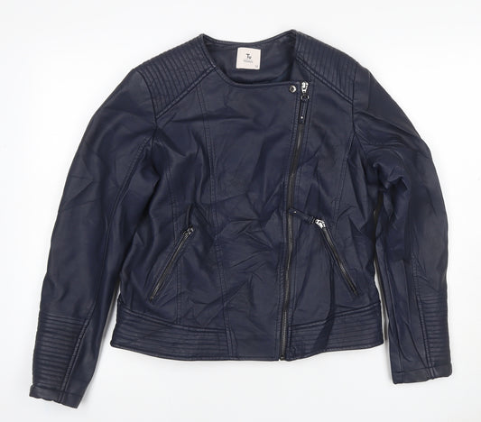 TU Women Blue Size 12 Faux Leather Biker Jacket Zip Pockets