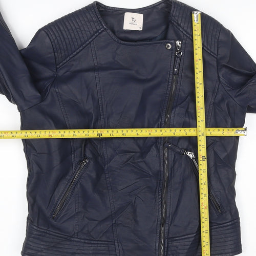 TU Women Blue Size 12 Faux Leather Biker Jacket Zip Pockets