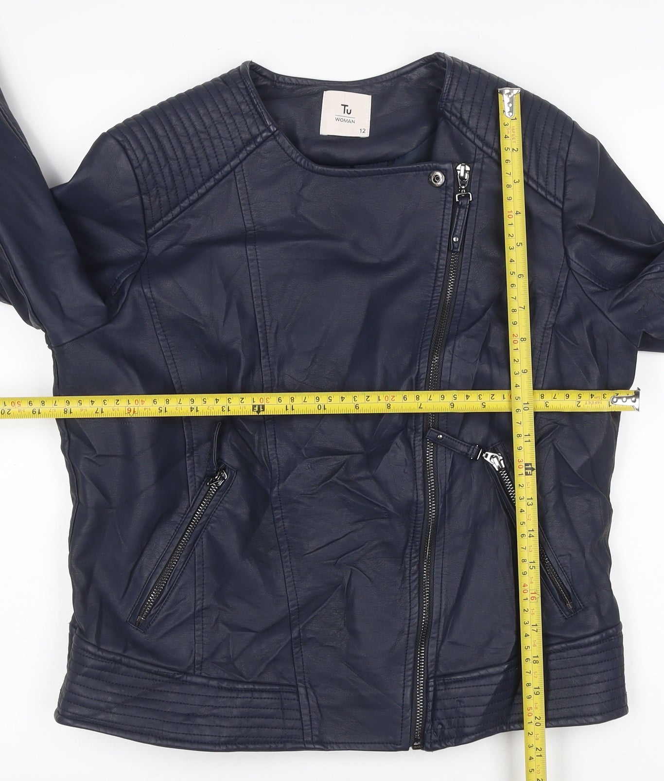 TU Women Blue Size 12 Faux Leather Biker Jacket Zip Pockets