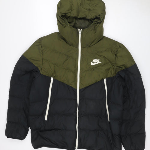 Nike Men’s Black Khaki L Hooded Puffer Jacket Quilted Logo
