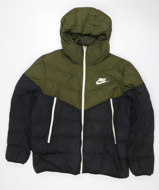 Nike Men’s Black Khaki L Hooded Puffer Jacket Quilted Logo