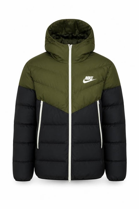 Nike Men’s Black Khaki L Hooded Puffer Jacket Quilted Logo