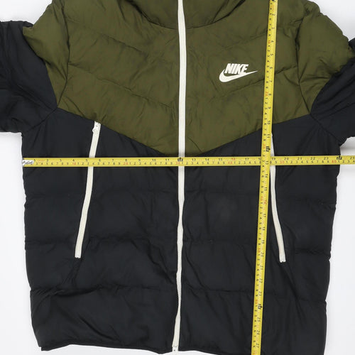 Nike Men’s Black Khaki L Hooded Puffer Jacket Quilted Logo