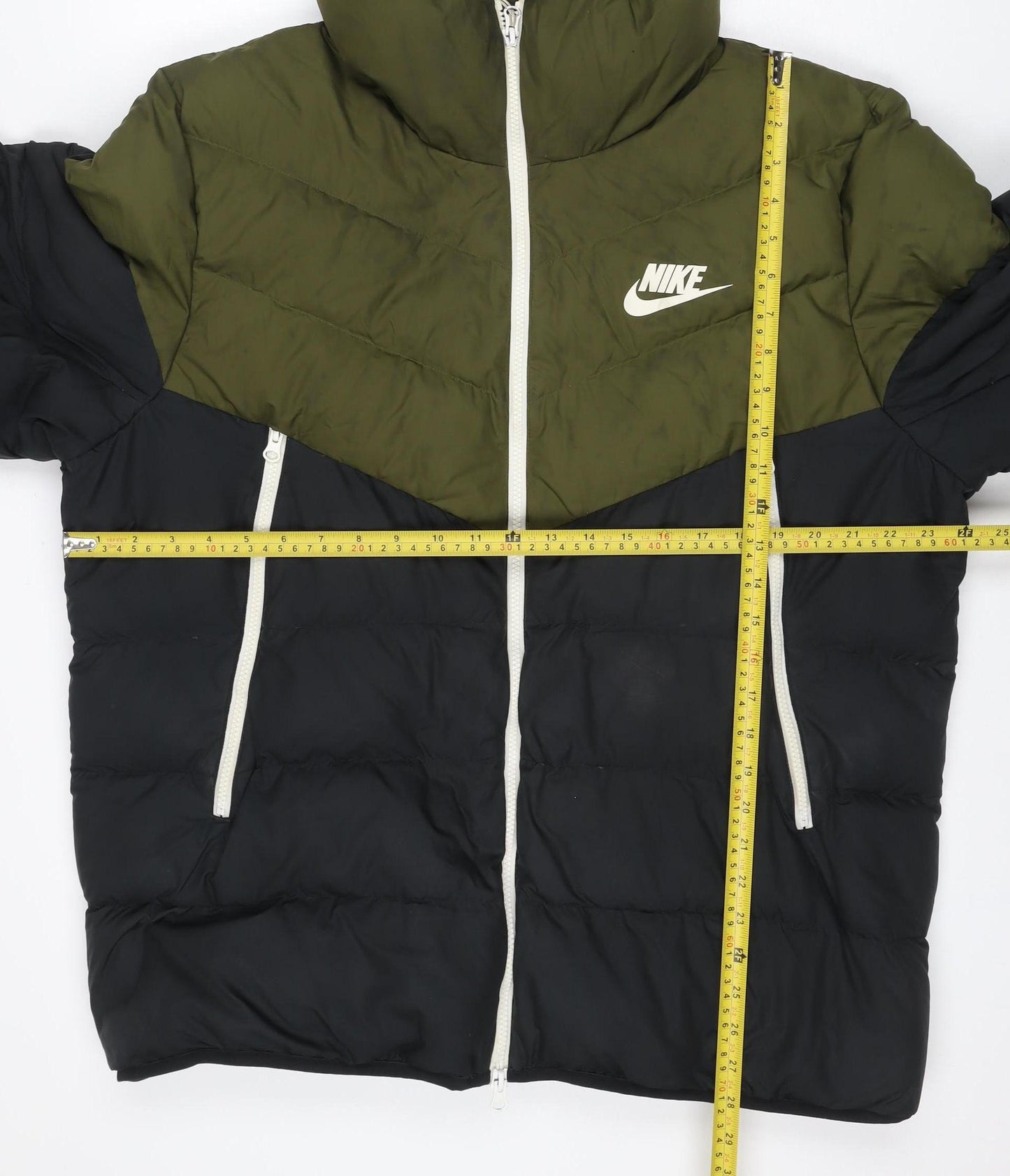 Nike Men’s Black Khaki L Hooded Puffer Jacket Quilted Logo