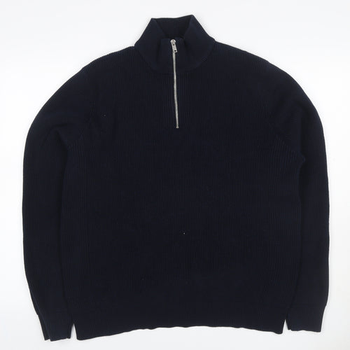 Marks & Spencer Men Blue XL 1/4 Zip Rib Knit Jumper