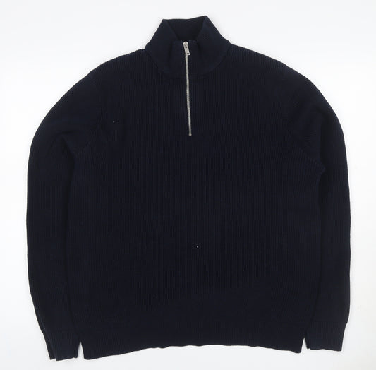 Marks & Spencer Men Blue XL 1/4 Zip Rib Knit Jumper