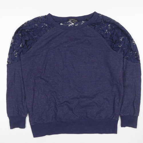 Warehouse Women Blue UK 12 Jersey Top Floral Lace Raglan Long Sleeve