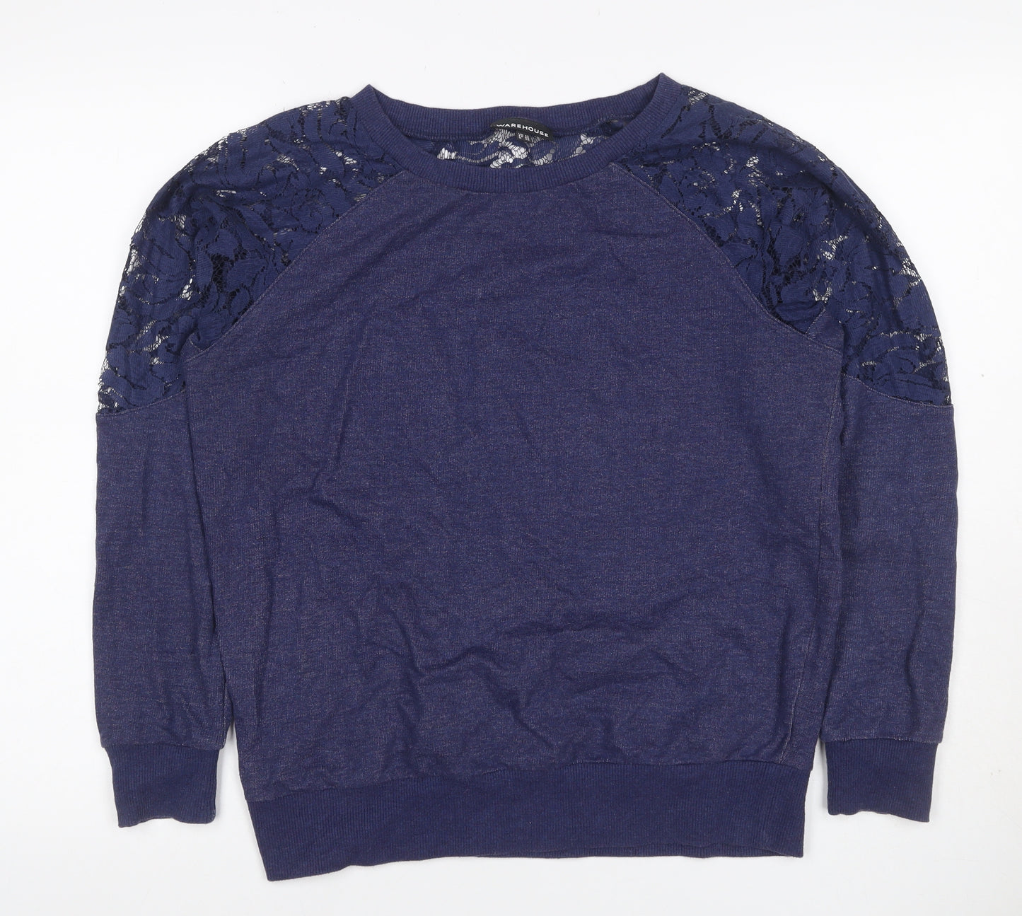 Warehouse Women Blue UK 12 Jersey Top Floral Lace Raglan Long Sleeve
