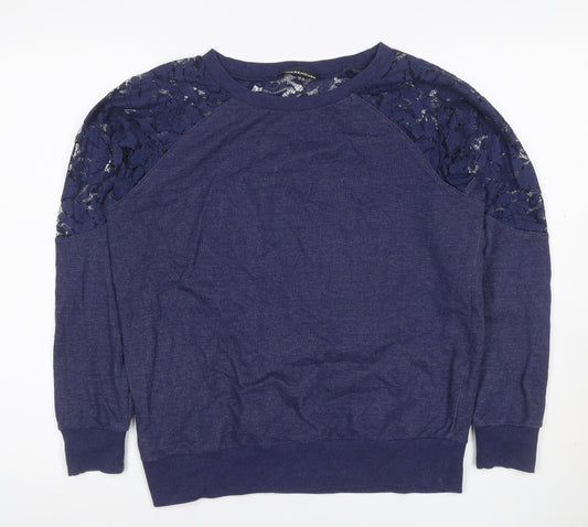 Warehouse Women Blue UK 12 Jersey Top Floral Lace Raglan Long Sleeve