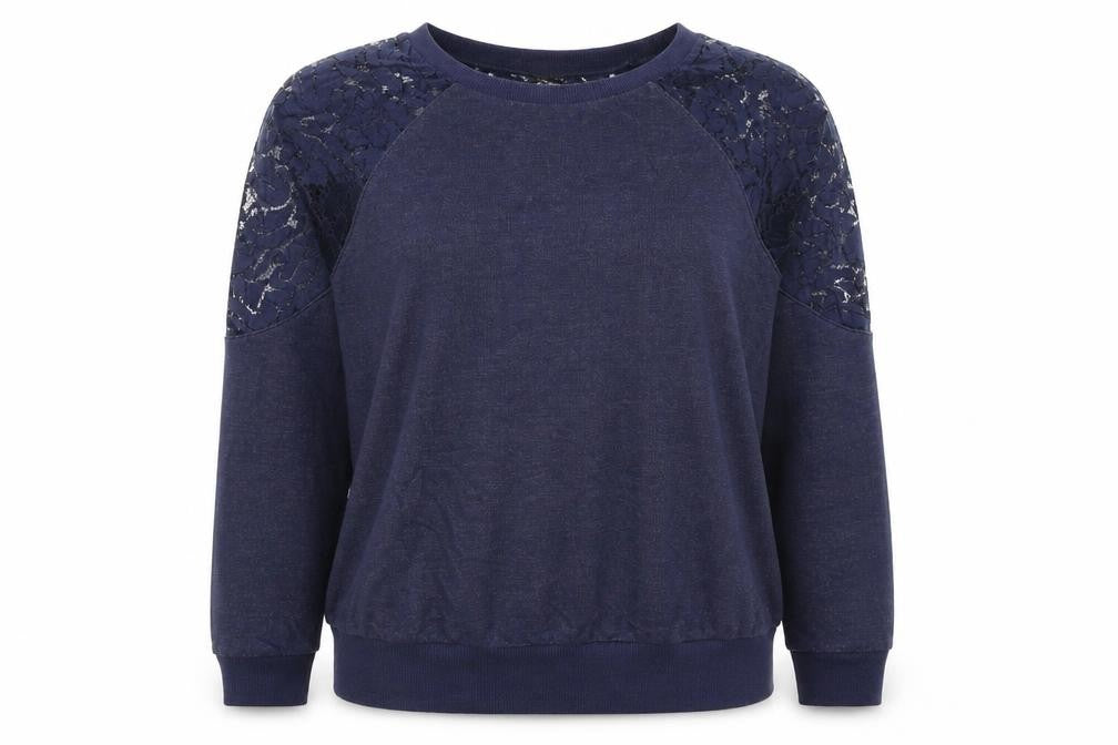 Warehouse Women Blue UK 12 Jersey Top Floral Lace Raglan Long Sleeve