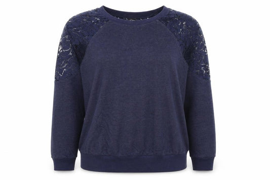 Warehouse Women Blue UK 12 Jersey Top Floral Lace Raglan Long Sleeve